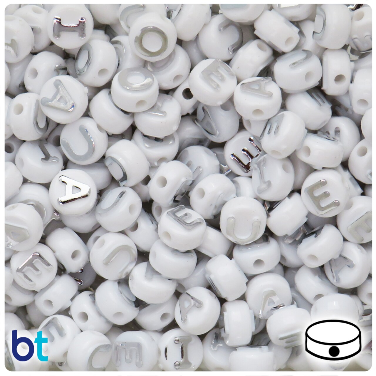 BeadTin White Opaque 10mm Coin Alpha Beads - Silver Vowel Mix (144pcs)